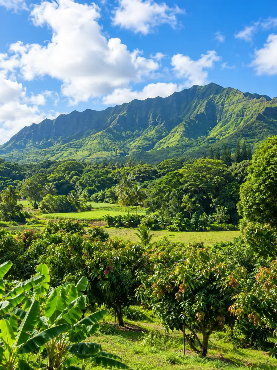 Green farmland and orchards below a long mountain ridge on the east side of Kauai