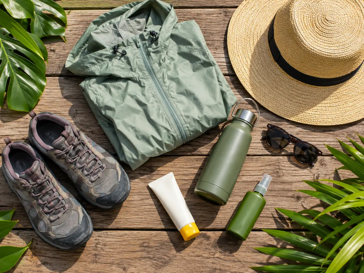 Walking shoes, a rain jacket, a water bottle, sunscreen, repellent and a sun hat on a wooden deck